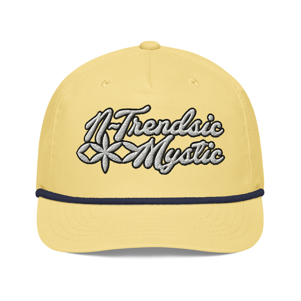 Mystic Classic golf rope cap — black 5-panel hat with braided rope detail and embroidered NTrendSic Mystic logo