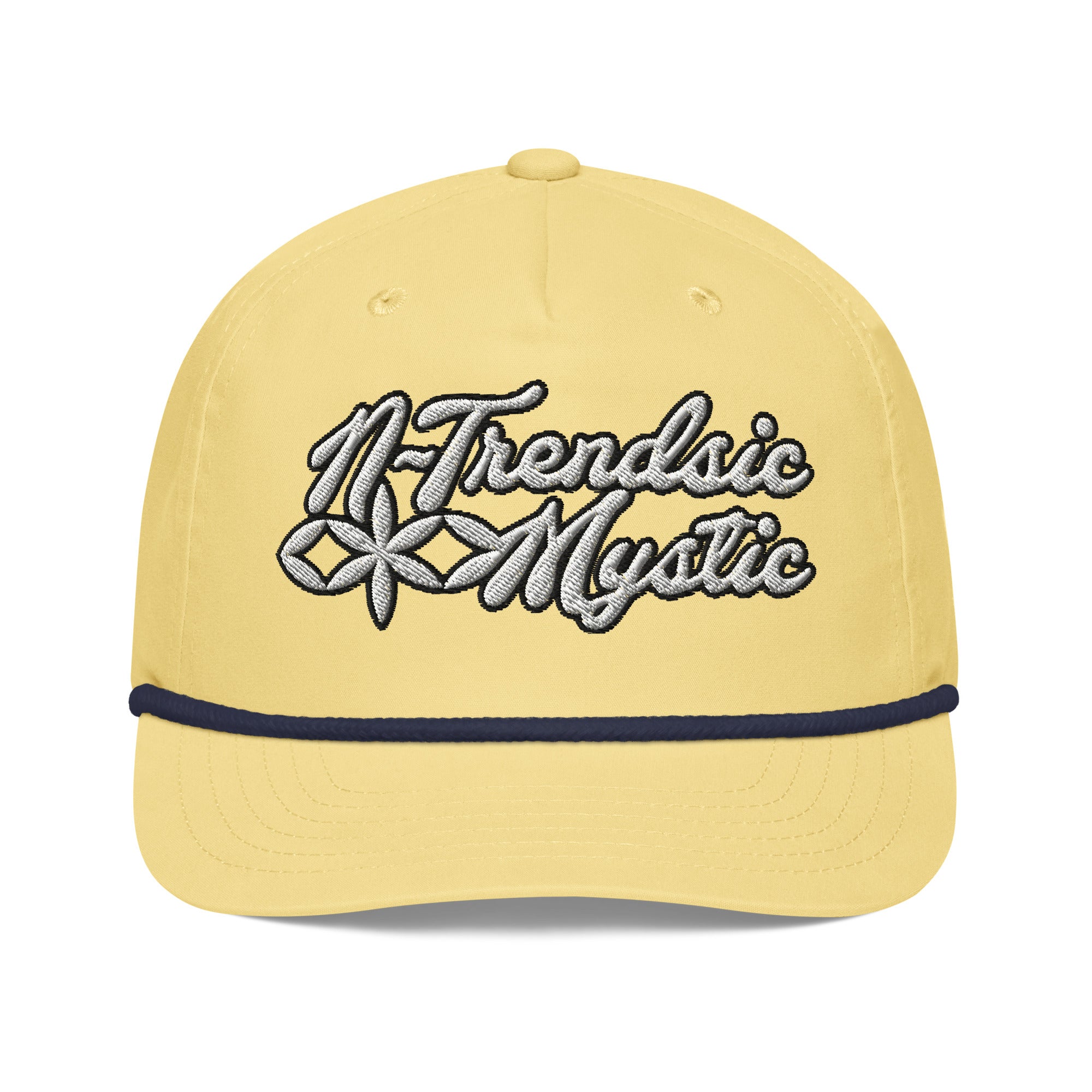 Mystic Classic golf rope cap — black 5-panel hat with braided rope detail and embroidered NTrendSic Mystic logo