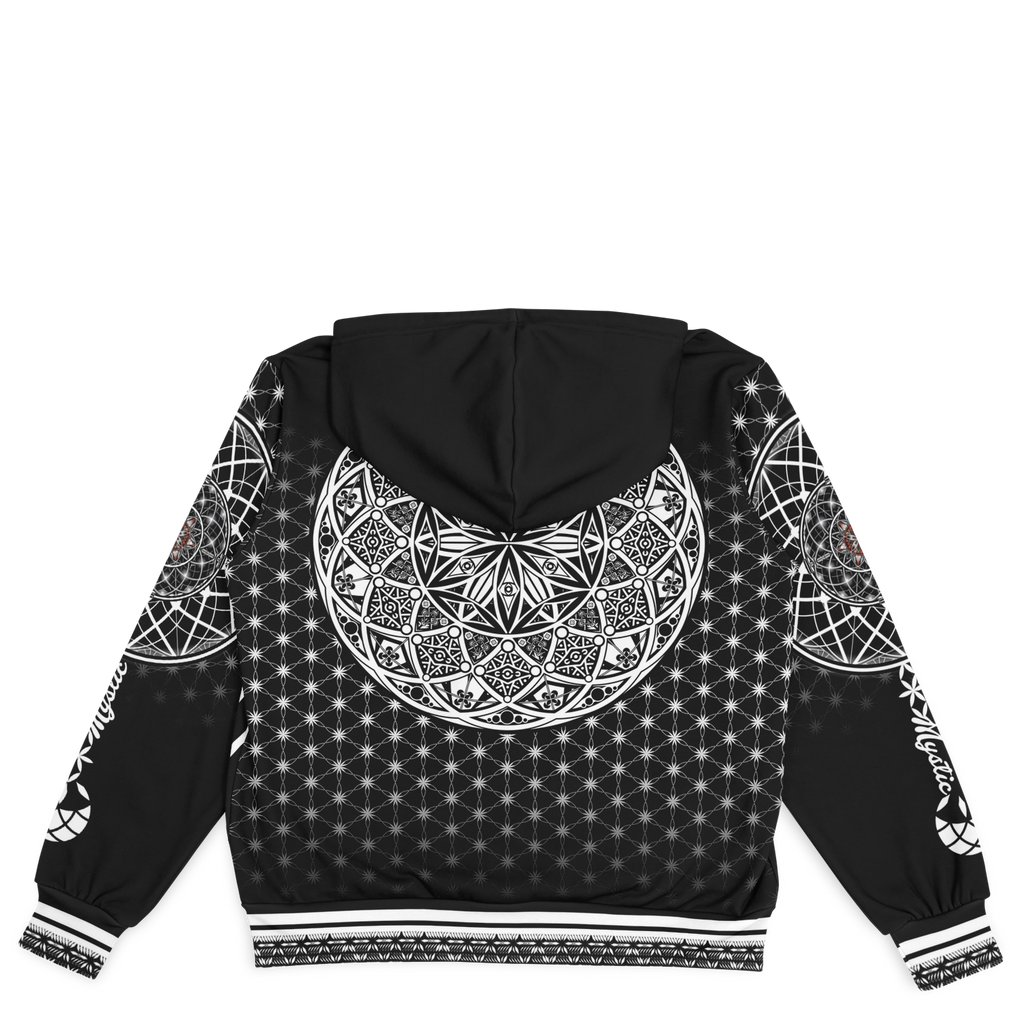 Mystic Eyes Sacred Geometry Jacket — bold and timeless heavyweight hooded baseball jacket with black-and-white visionary art and intricate patterns