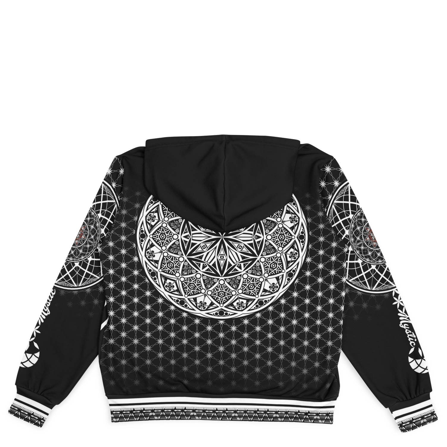 Mystic Eyes Sacred Geometry Jacket — bold and timeless heavyweight hooded baseball jacket with black-and-white visionary art and intricate patterns