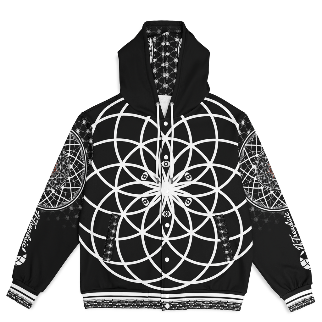 Mystic Eyes Sacred Geometry Jacket — bold and timeless heavyweight hooded baseball jacket with black-and-white visionary art and intricate patterns