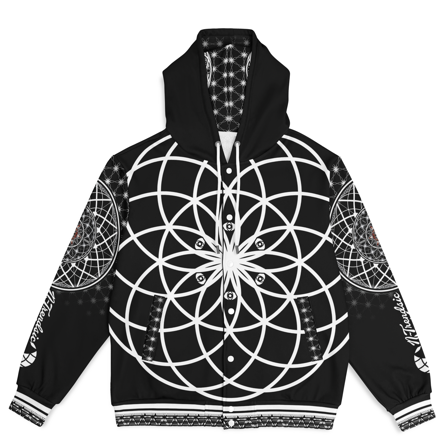 Mystic Eyes Sacred Geometry Jacket — bold and timeless heavyweight hooded baseball jacket with black-and-white visionary art and intricate patterns
