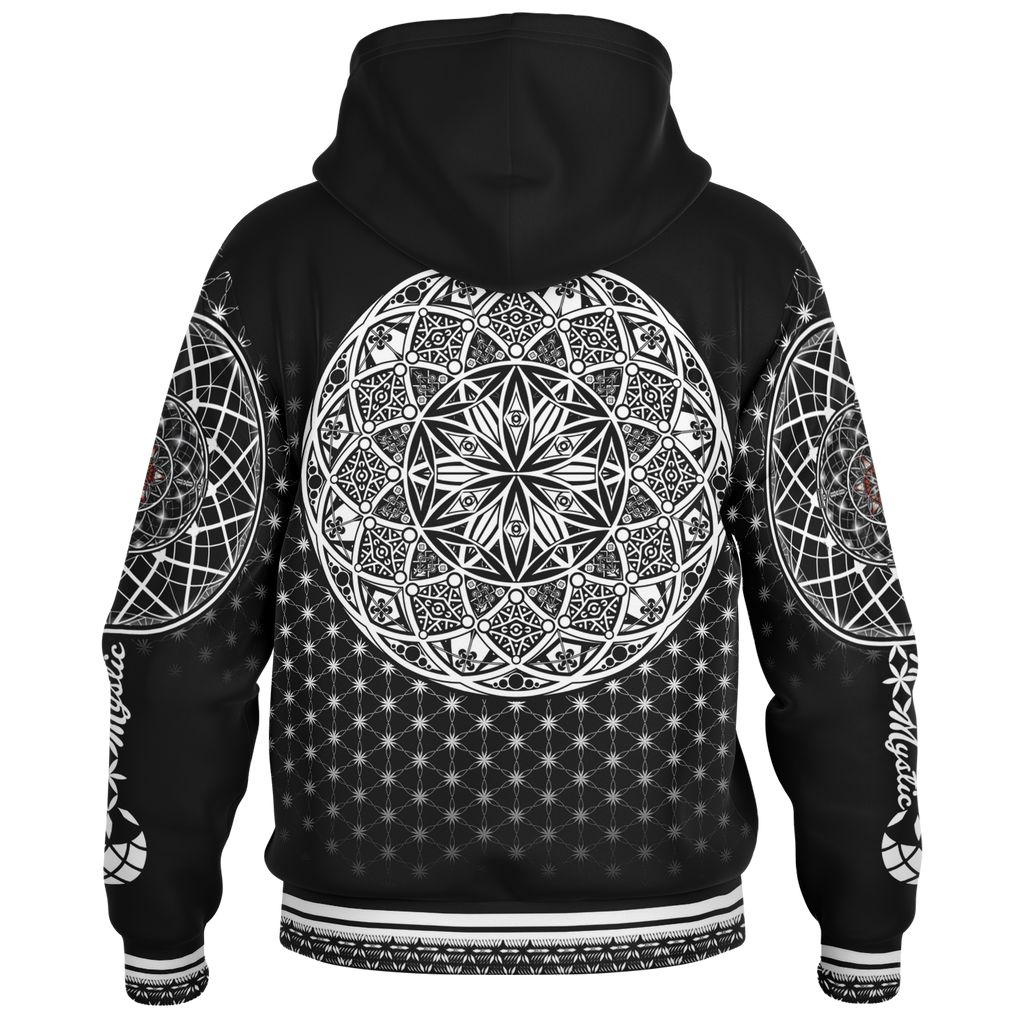 Mystic Eyes Sacred Geometry Jacket — bold and timeless heavyweight hooded baseball jacket with black-and-white visionary art and intricate patterns