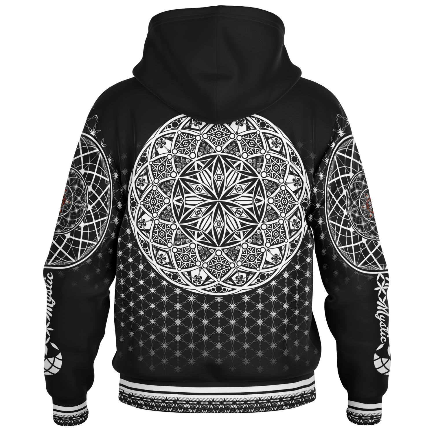 Mystic Eyes Sacred Geometry Jacket — bold and timeless heavyweight hooded baseball jacket with black-and-white visionary art and intricate patterns