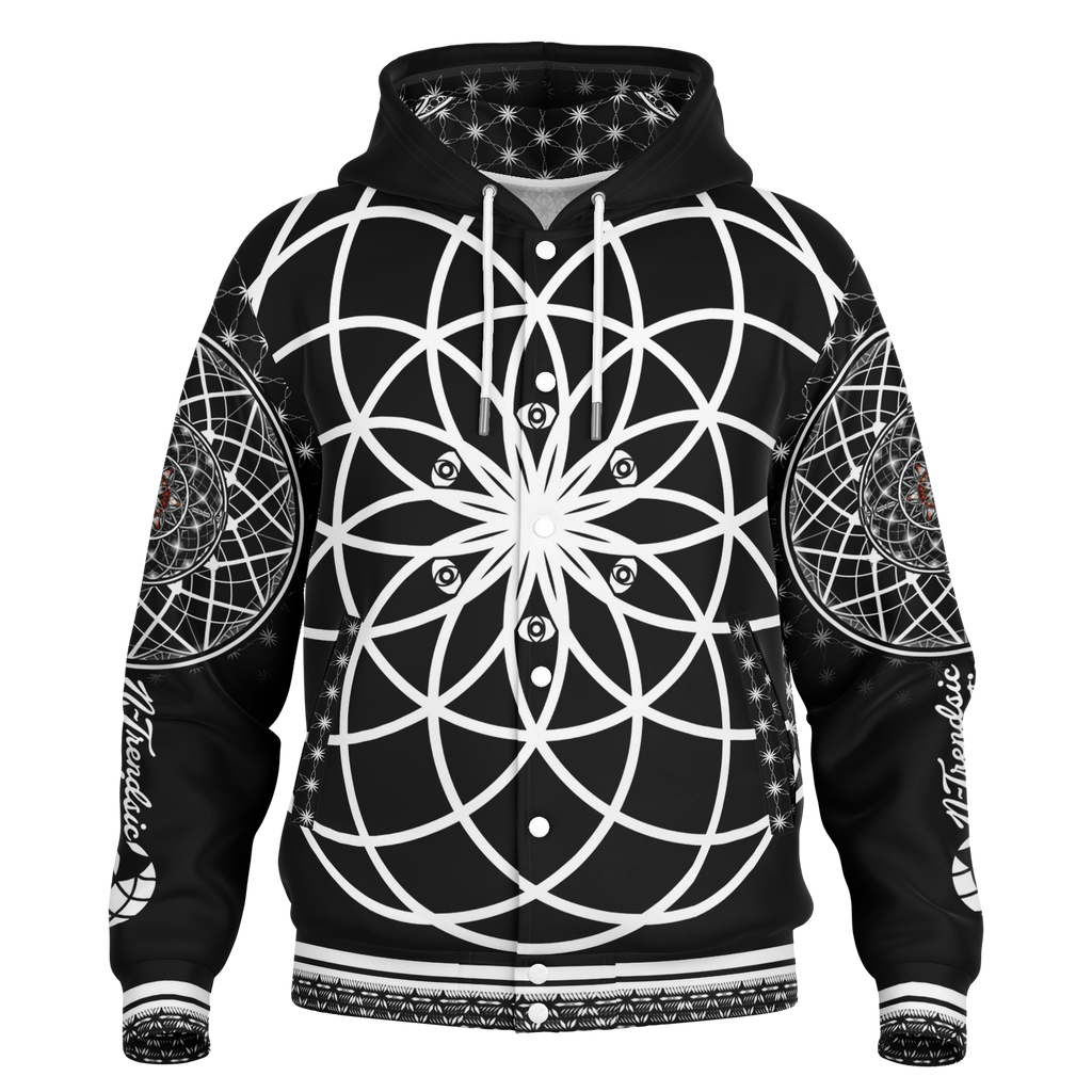 Mystic Eyes Sacred Geometry Jacket — bold and timeless heavyweight hooded baseball jacket with black-and-white visionary art and intricate patterns