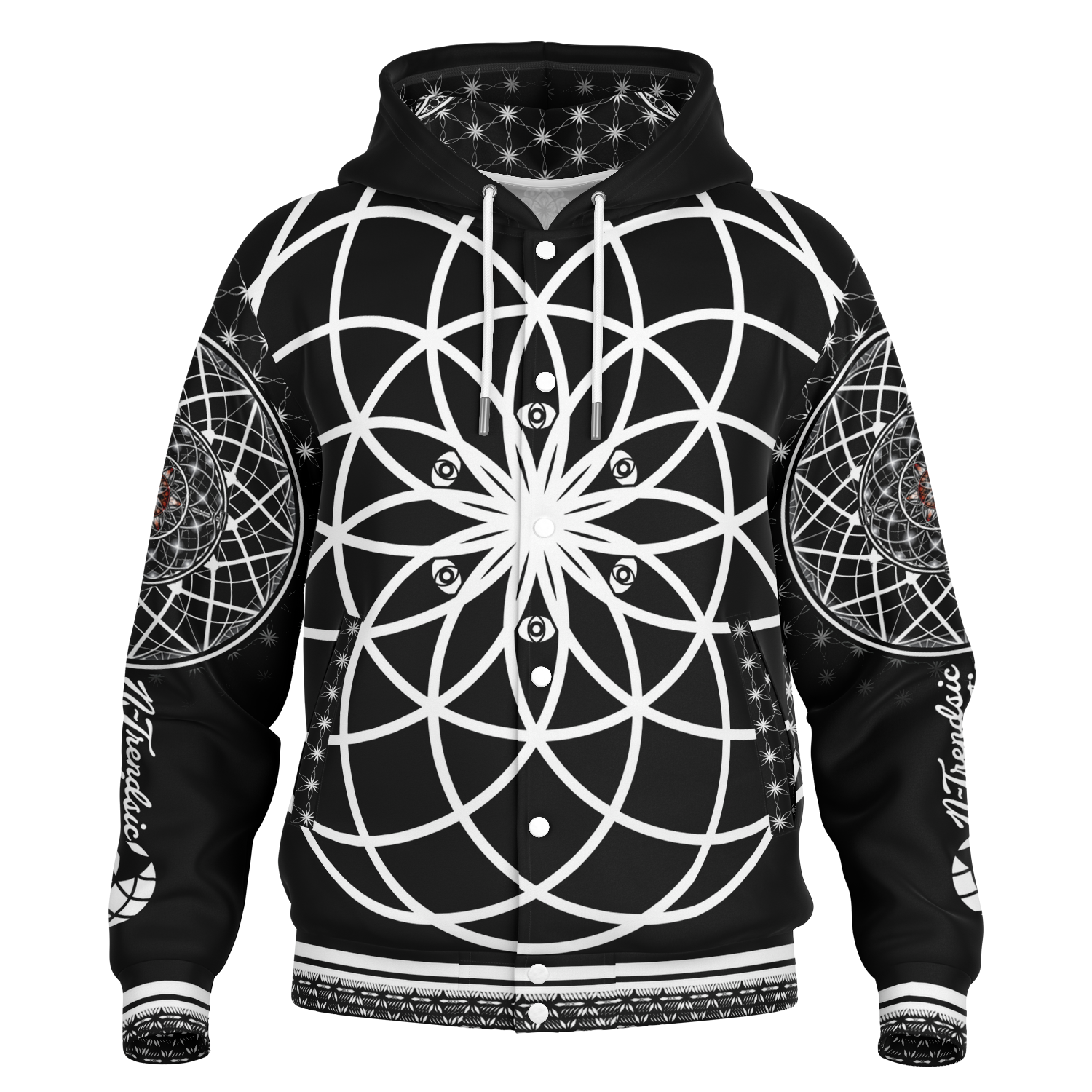 Mystic Eyes Sacred Geometry Jacket — bold and timeless heavyweight hooded baseball jacket with black-and-white visionary art and intricate patterns
