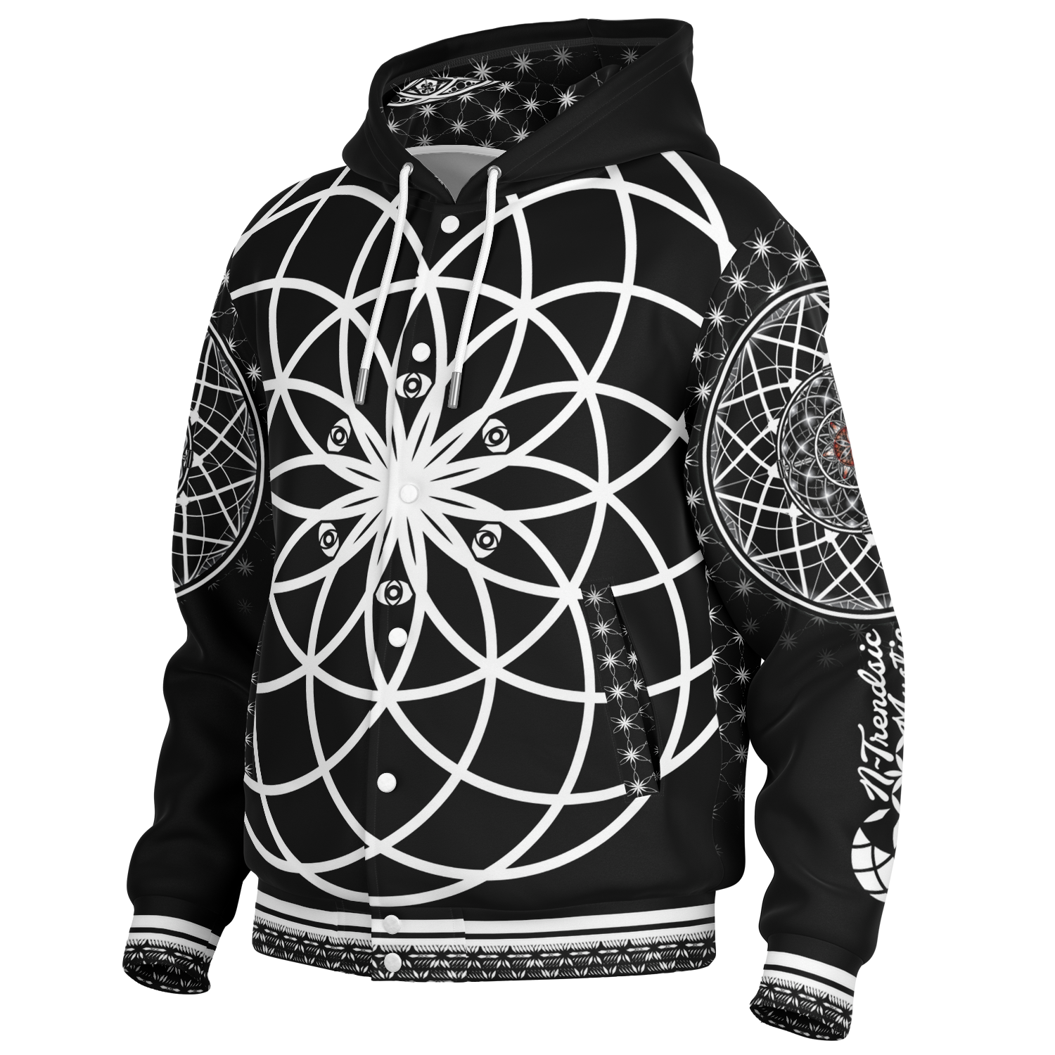 Mystic Eyes Sacred Geometry Jacket — bold and timeless heavyweight hooded baseball jacket with black-and-white visionary art and intricate patterns