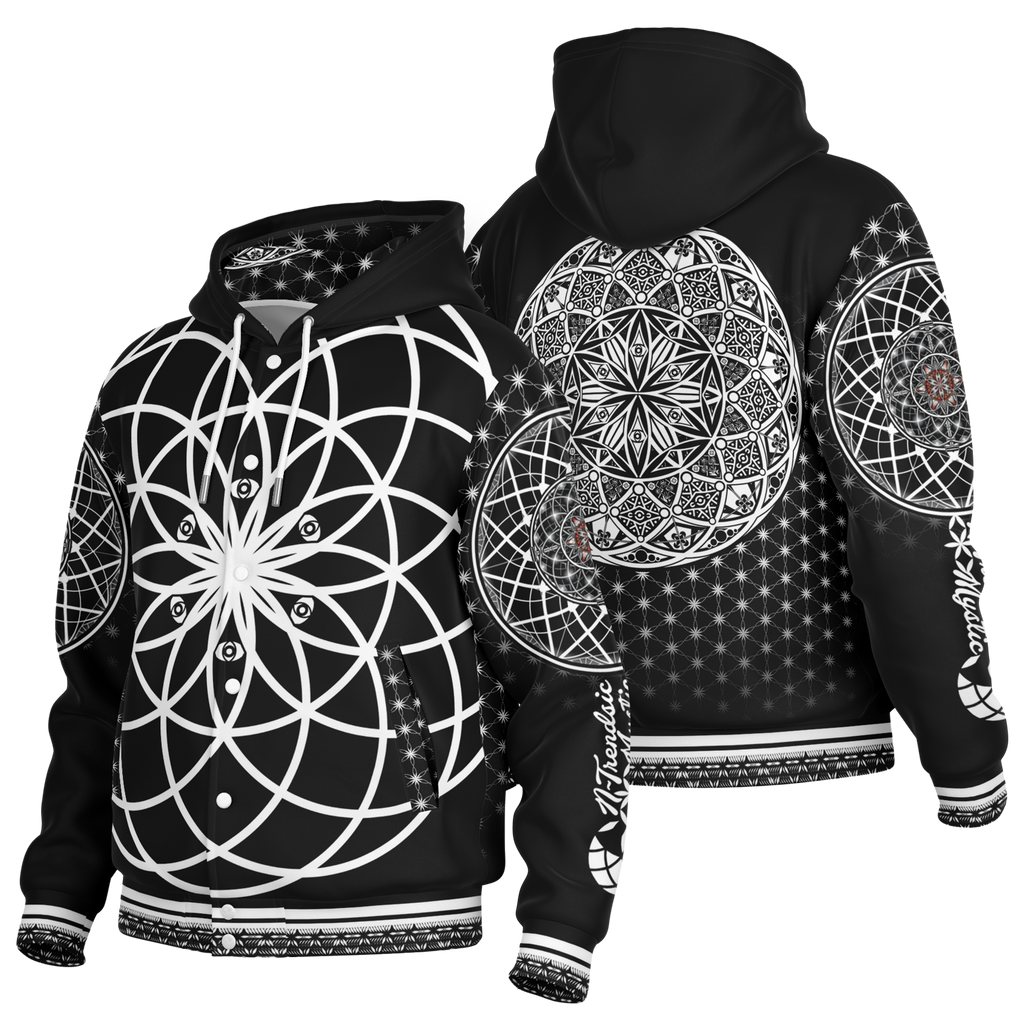 Mystic Eyes Sacred Geometry Jacket — bold and timeless heavyweight hooded baseball jacket with black-and-white visionary art and intricate patterns