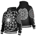 Mystic Eyes Sacred Geometry Jacket — bold and timeless heavyweight hooded baseball jacket with black-and-white visionary art and intricate patterns