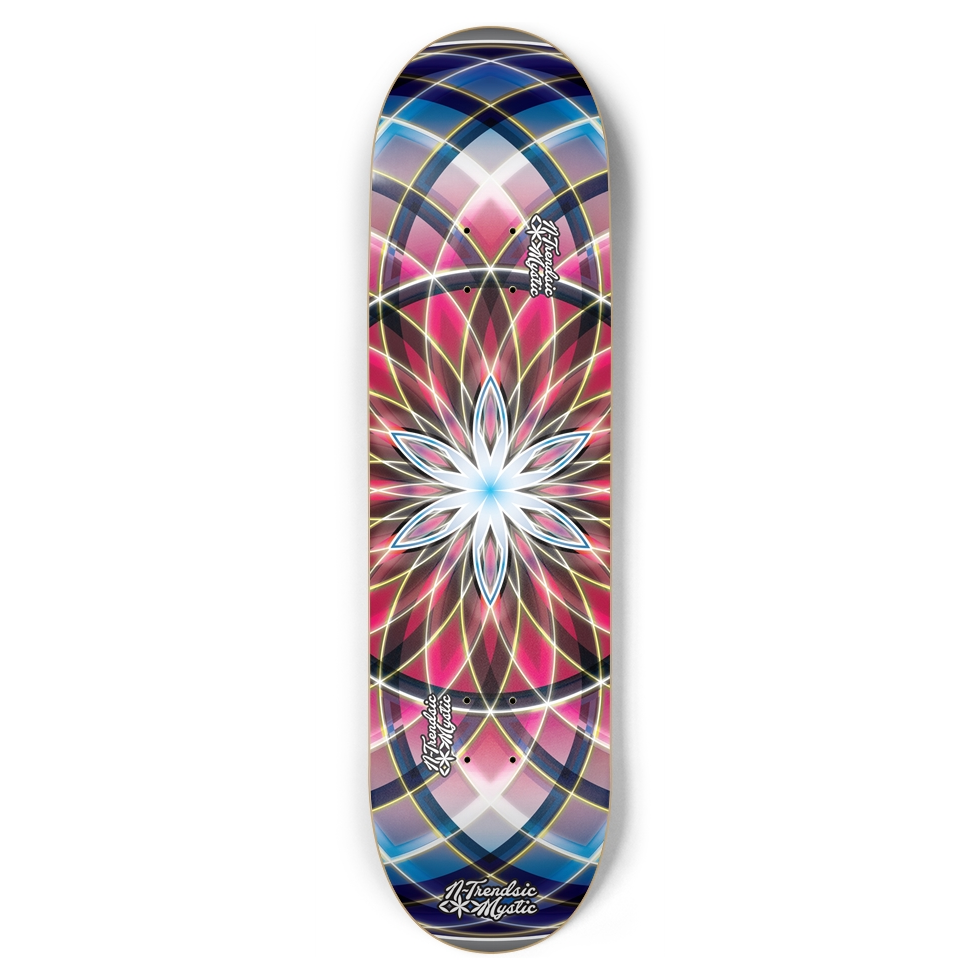 Skateboard deck with a colorful mandala design on a white background