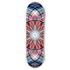 Skateboard deck with a colorful mandala design on a white background
