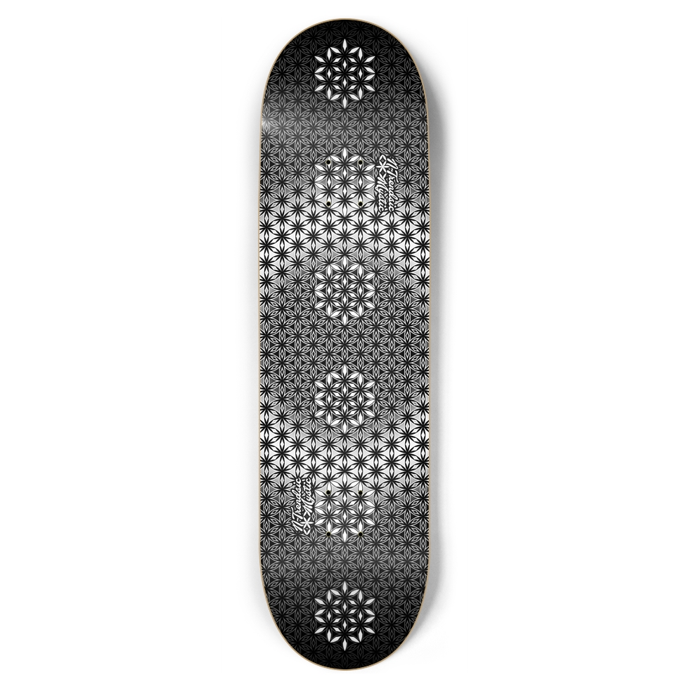 The Armory monochrome sacred geometry skateboard deck with repeating Flower of Life pattern on 7-ply Canadian maple, designed by NTrendSic Mystic.