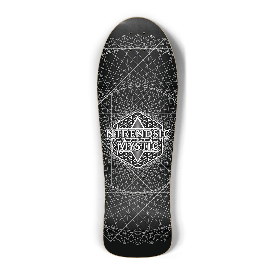 Black skateboard deck with geometric pattern and 'NTrends Mystic' logo on a white background