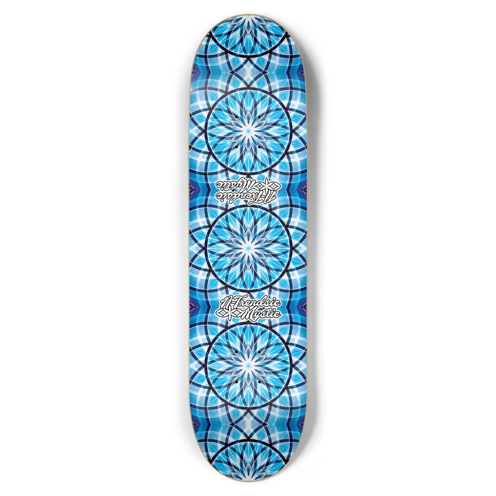 Skateboard deck with blue geometric pattern on a white background