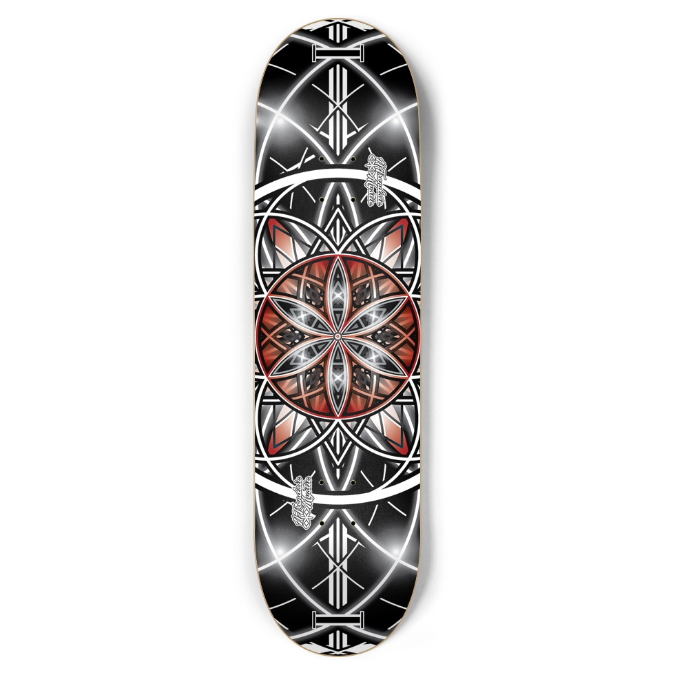 Skateboard deck with geometric black, red, and white design on a white background