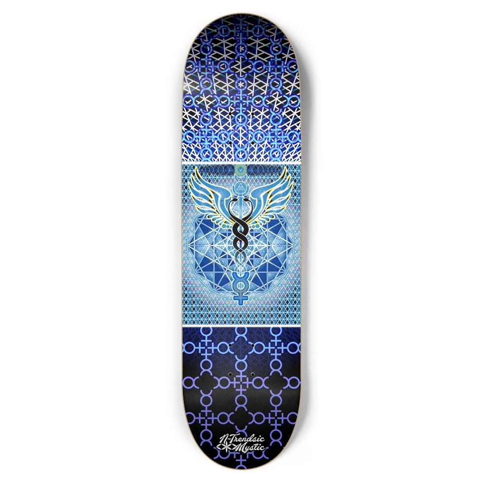 Skateboard deck with blue and black geometric pattern on a white background