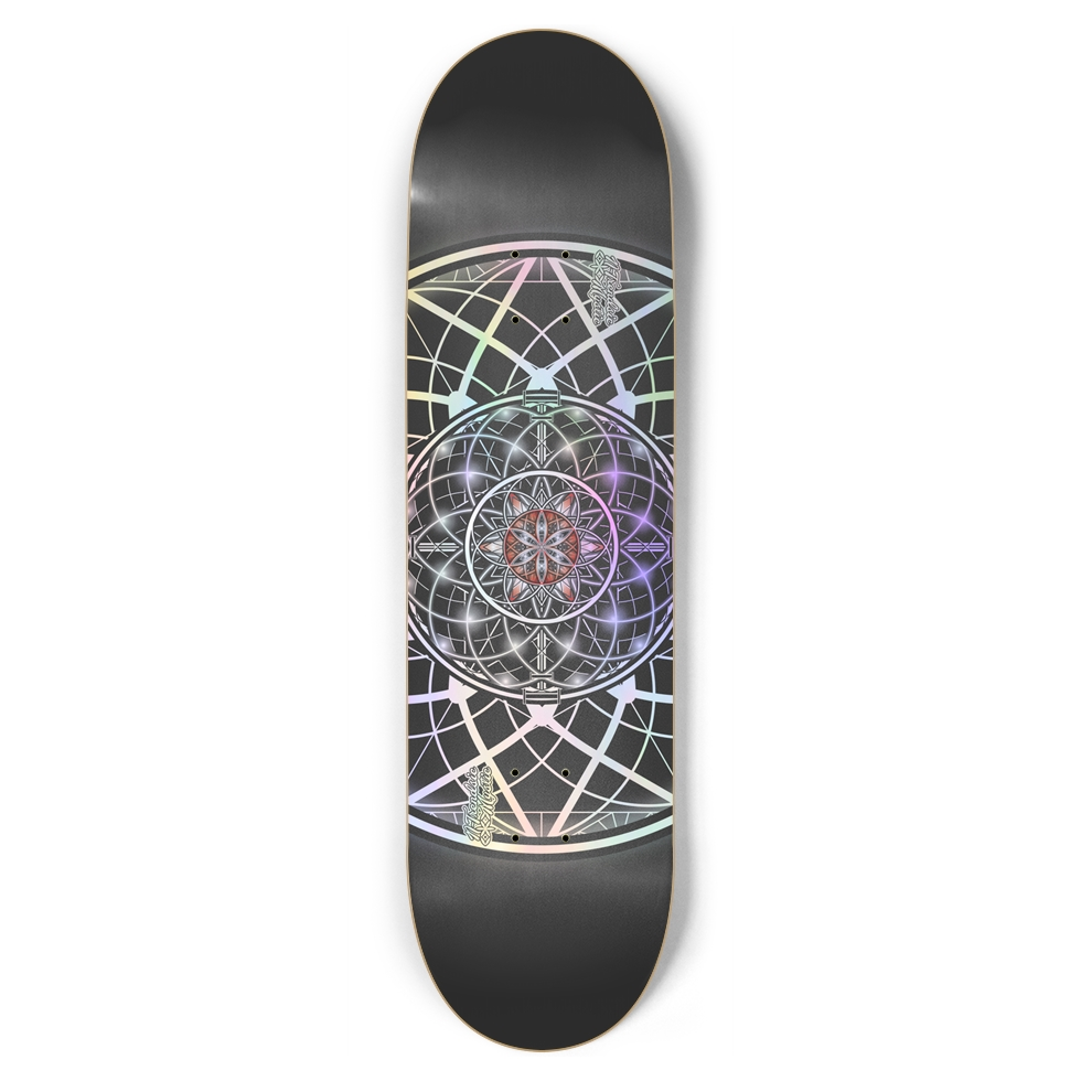 Skateboard deck with geometric design on a white background