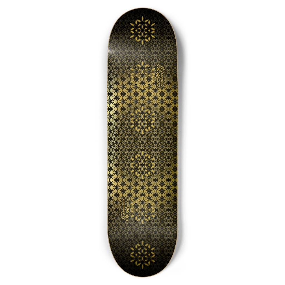 The Armory gold foil sacred geometry skateboard deck with repeating Flower of Life pattern on 7-ply Canadian maple, designed by NTrendSic Mystic.