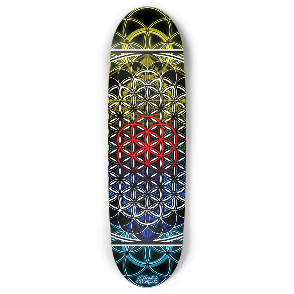 Skateboard deck with geometric flower of life design on a white background