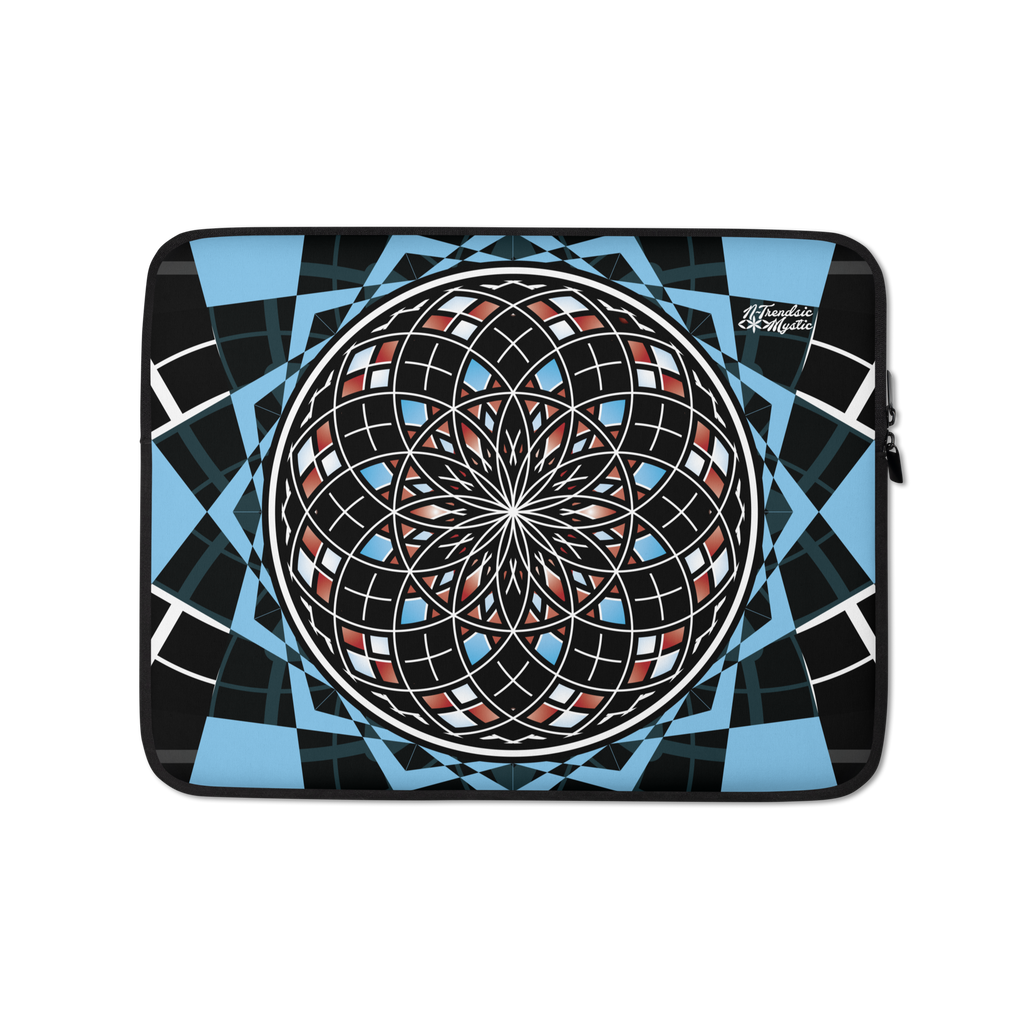 Quantum Bloom laptop sleeve with sacred geometry mandala in black, blue, and red tones