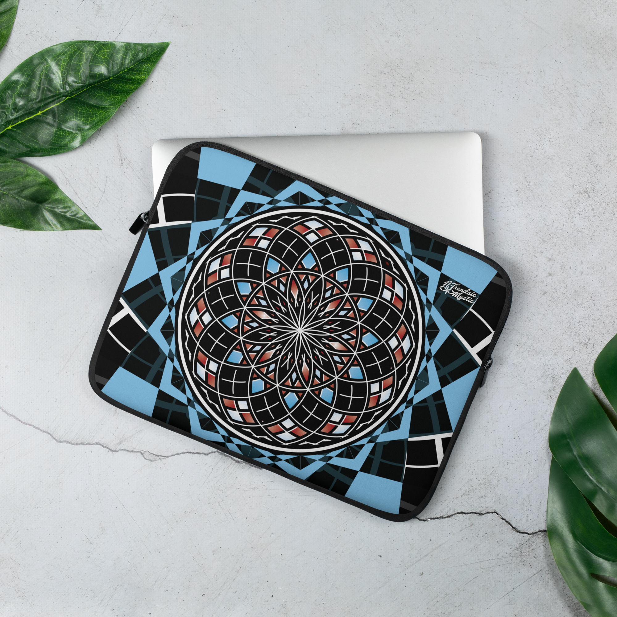 Quantum Bloom laptop sleeve with sacred geometry mandala in black, blue, and red tones
