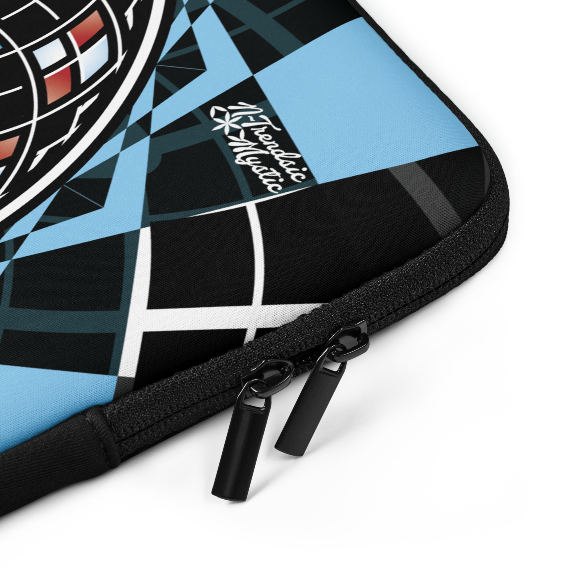 Quantum Bloom laptop sleeve with sacred geometry mandala in black, blue, and red tones