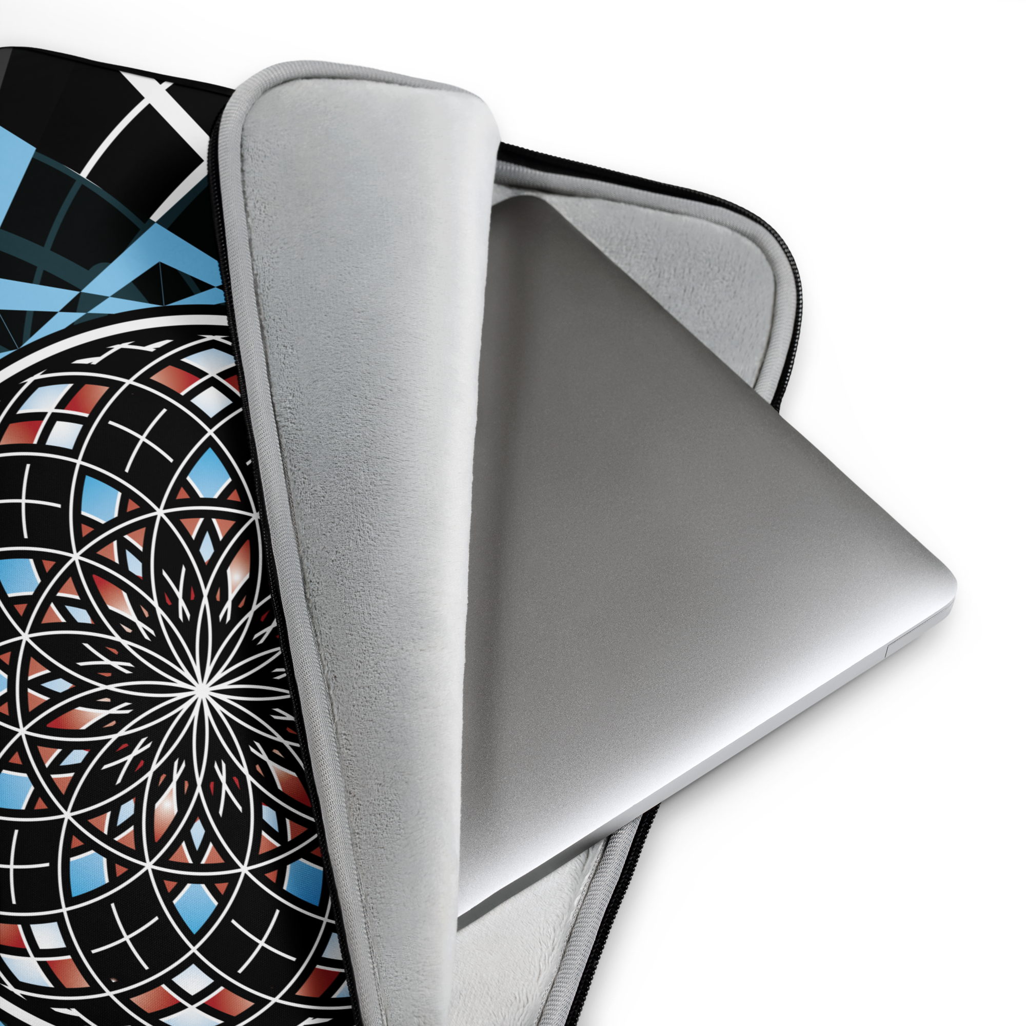 Quantum Bloom laptop sleeve with sacred geometry mandala in black, blue, and red tones