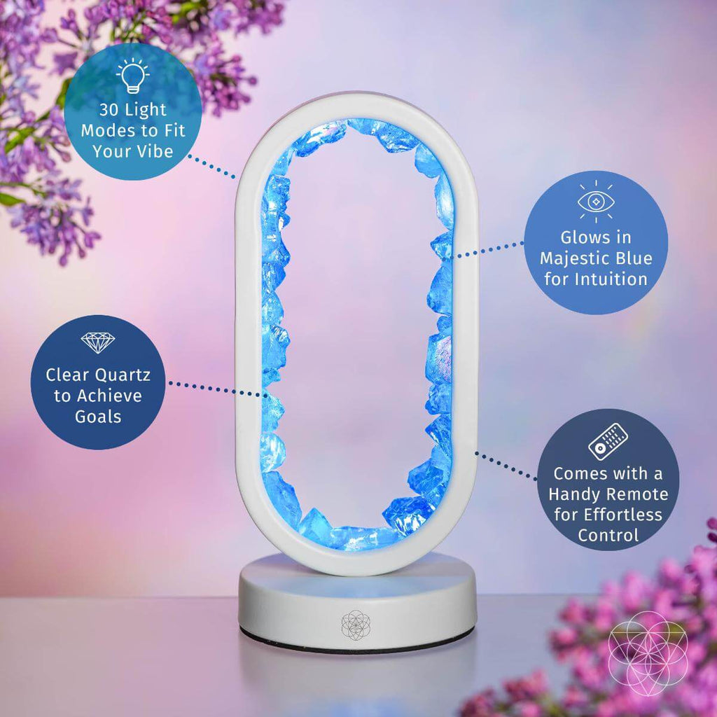 Decorative lamp with blue light modes, remote control, and clear quartz on a blurred floral background.