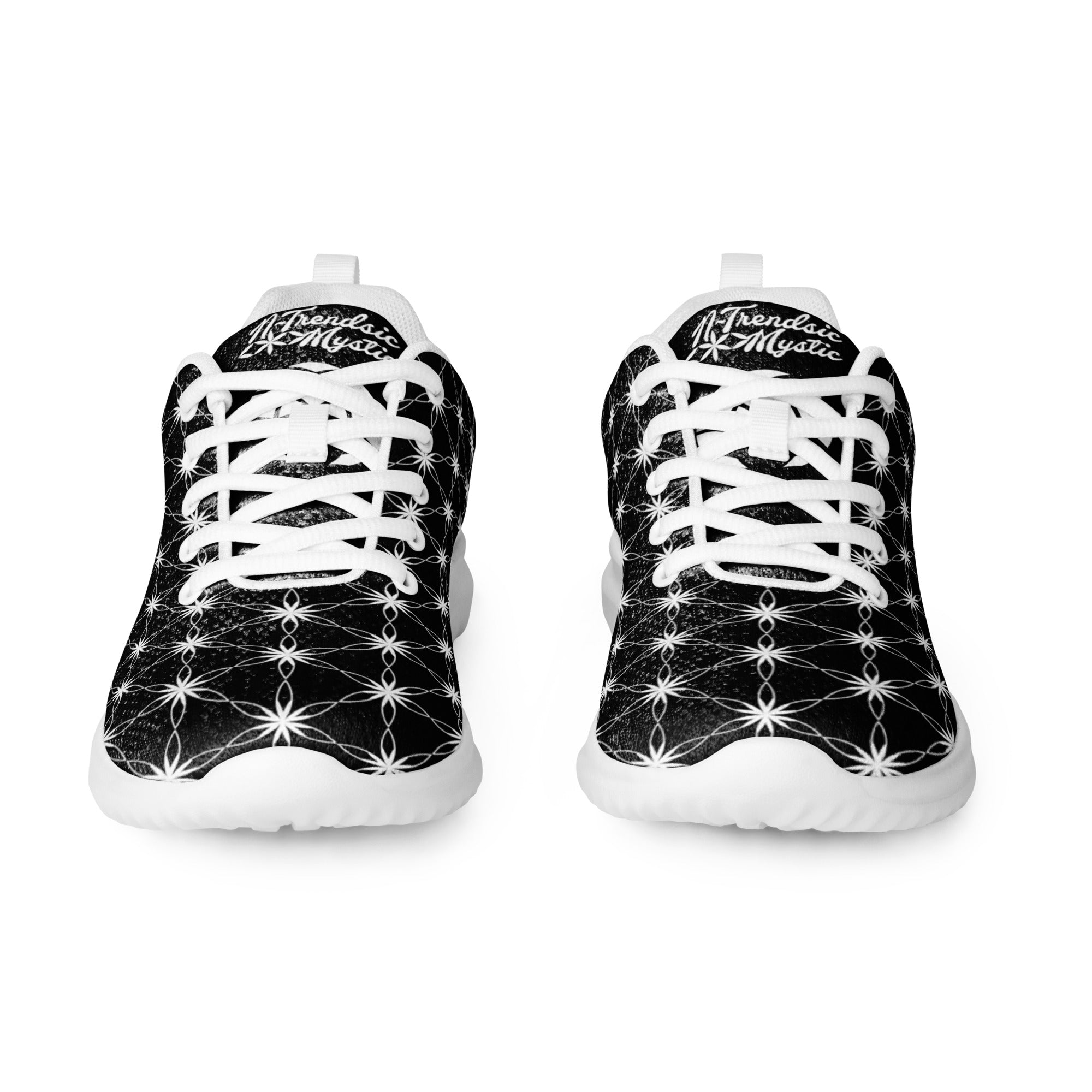 Men’s athletic shoes with all-over black-and-white Flower of Life pattern, white sole, and NTrendSic Mystic branding.