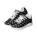 Men’s athletic shoes with all-over black-and-white Flower of Life pattern, white sole, and NTrendSic Mystic branding.