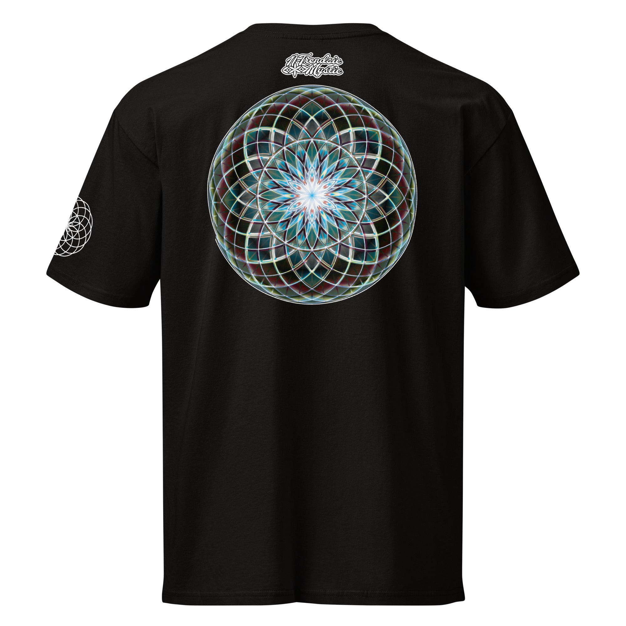 Product mockup - Dark Star Tee by NTrendSic Mystic featuring sacred geometry design on premium cotton t-shirt, front and back print, unisex streetwear