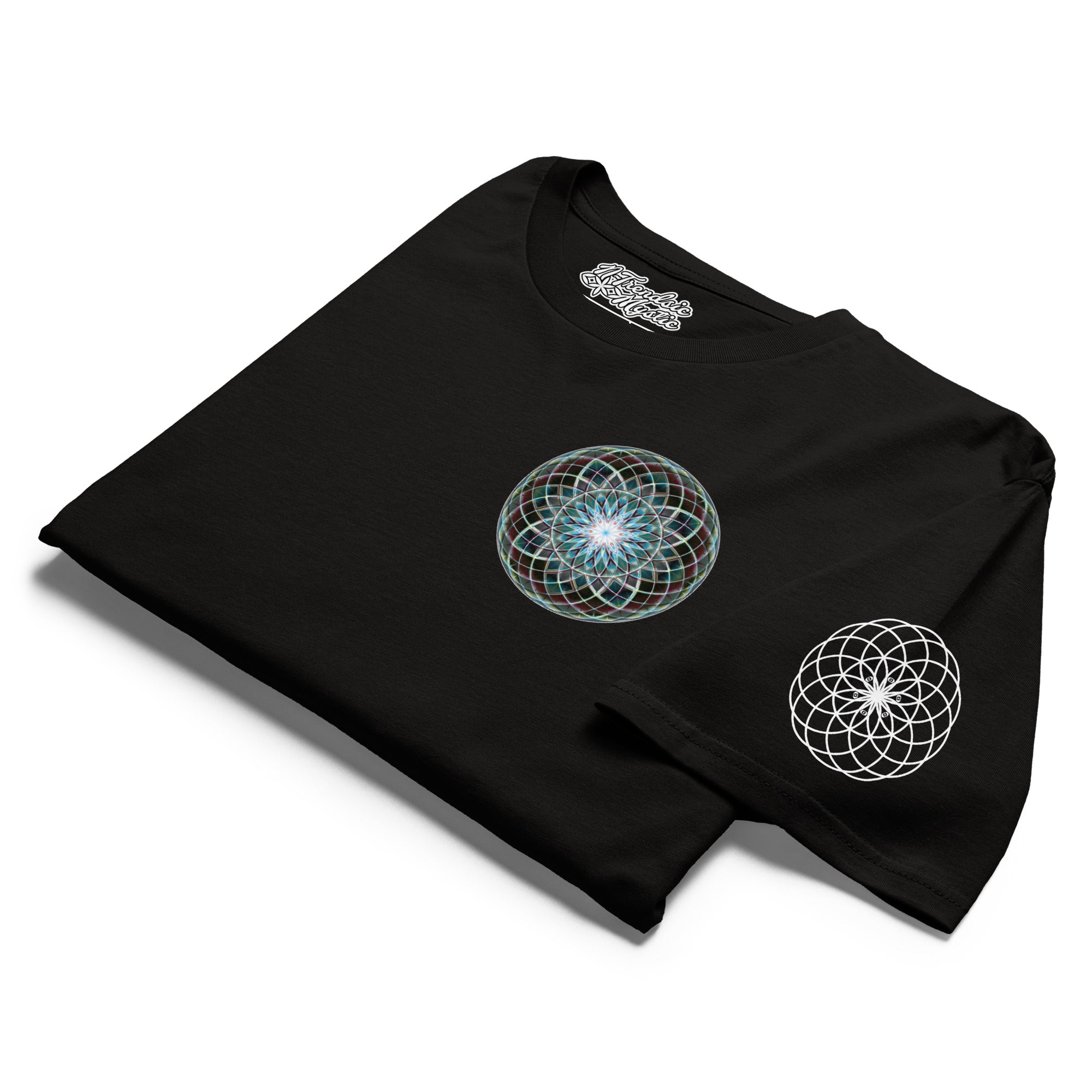 Product mockup - Dark Star Tee by NTrendSic Mystic featuring sacred geometry design on premium cotton t-shirt, front and back print, unisex streetwear