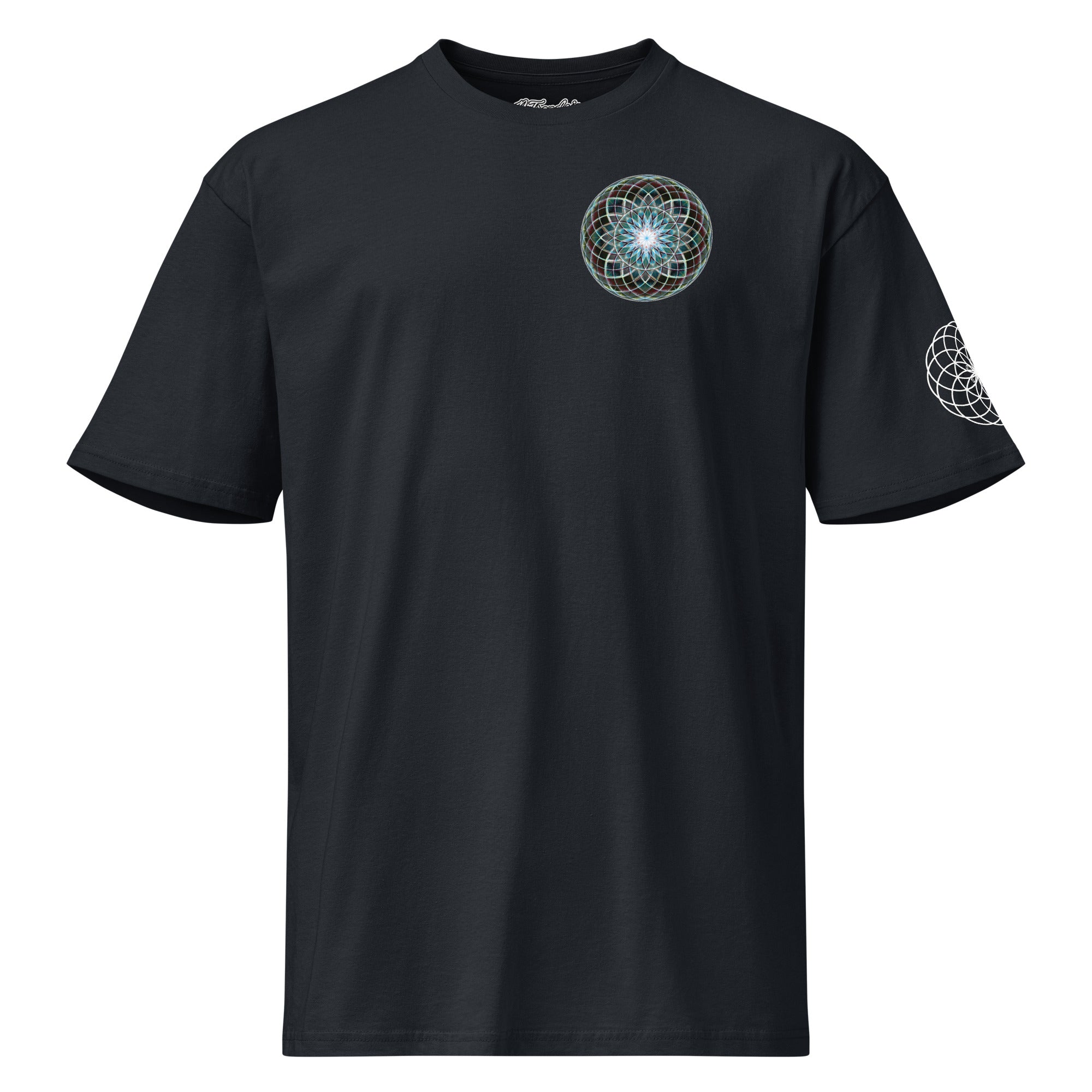 Product mockup Dark Star Tee by NTrendSic Mystic featuring sacred geometry design on premium cotton t-shirt, front and back print, unisex streetwear