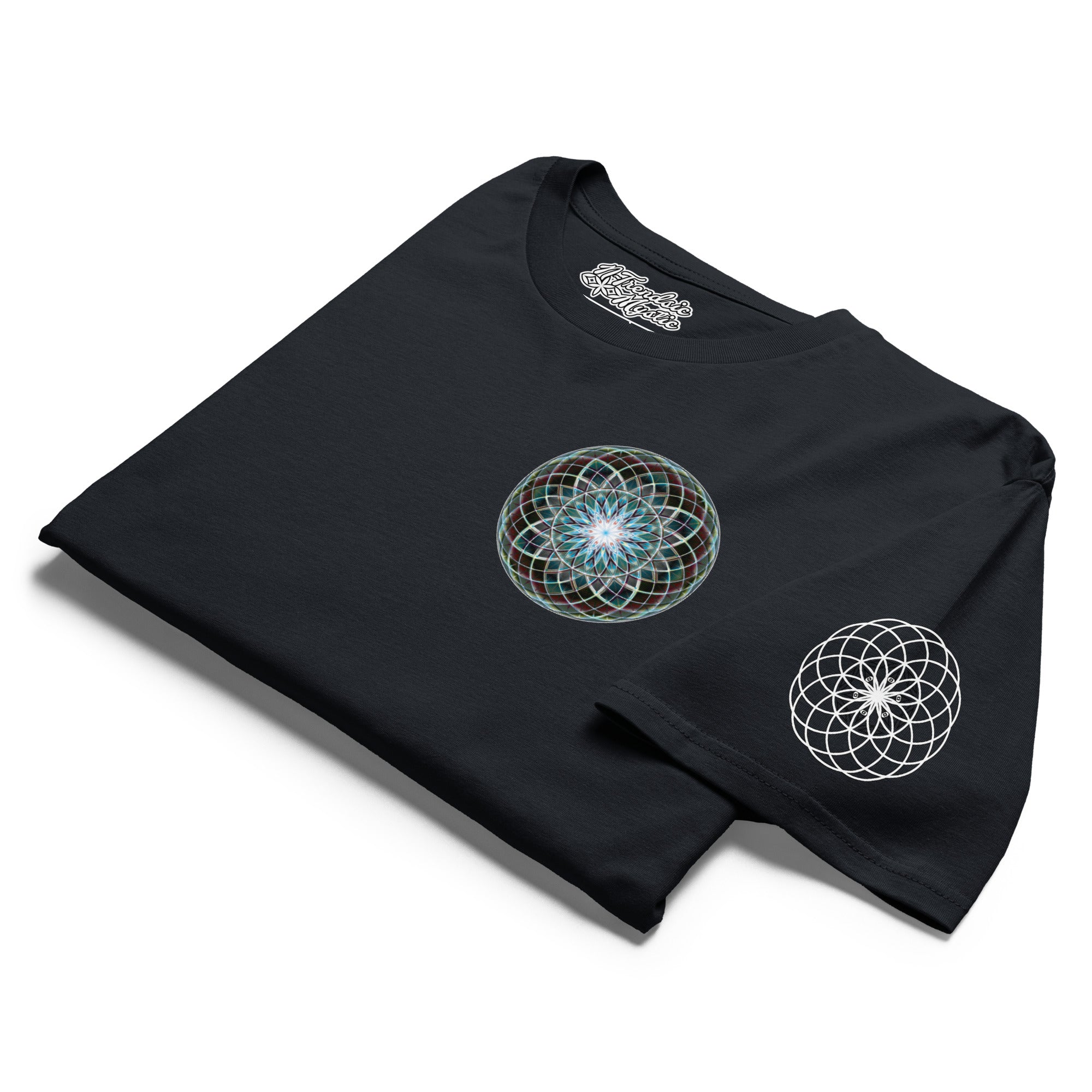 Product mockup - Dark Star Tee by NTrendSic Mystic featuring sacred geometry design on premium cotton t-shirt, front and back print, unisex streetwear