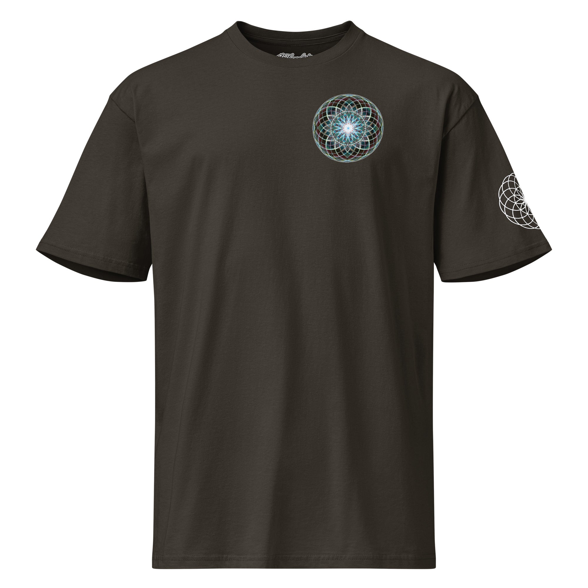 Product mockup - Dark Star Tee by NTrendSic Mystic featuring sacred geometry design on premium cotton t-shirt, front and back print, unisex streetwear