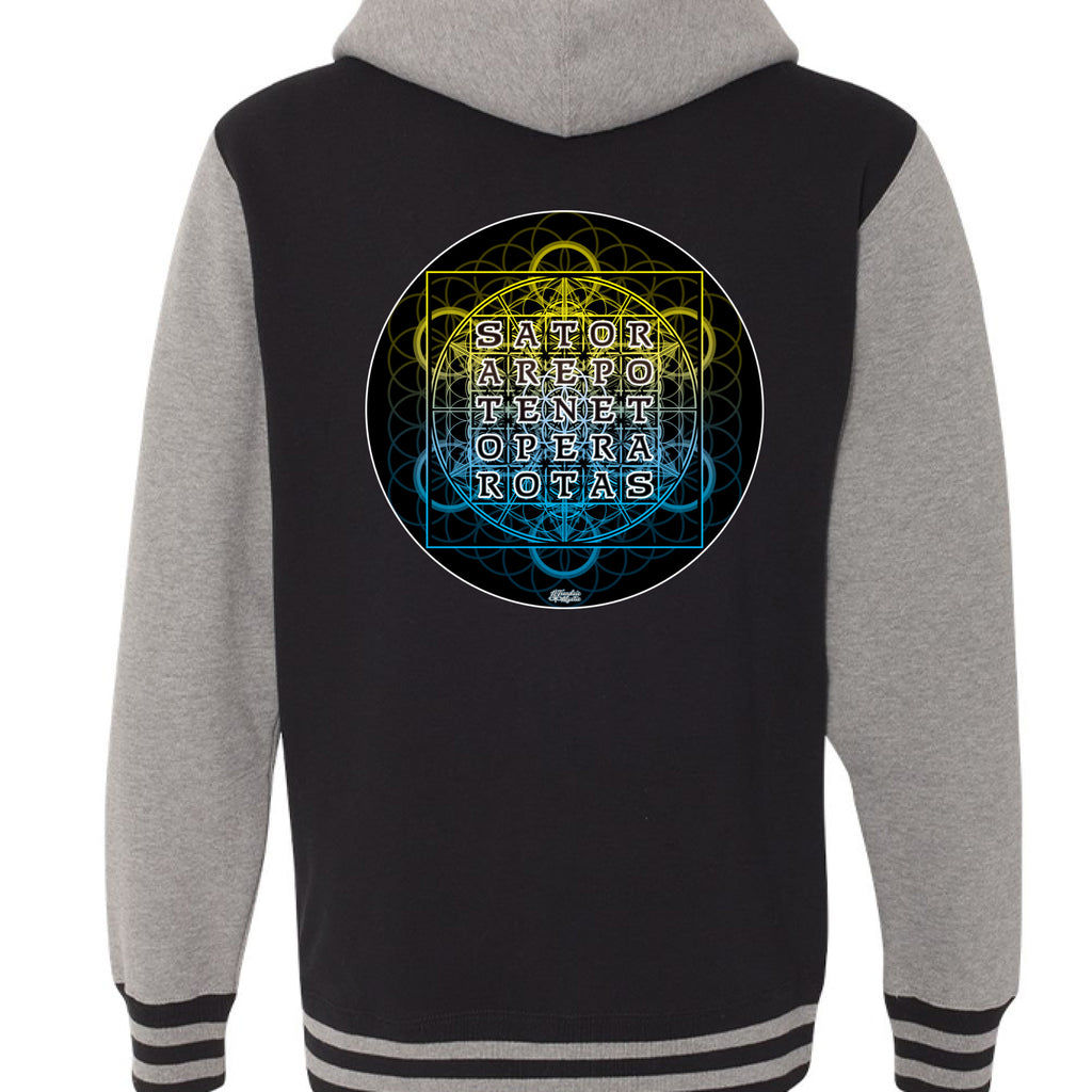 Black and gray varsity zip hoodie featuring SATOR Square sacred geometry design on the back and NTrendSic Mystic sigil on the front - Black/ Gunmetal Heather - BACK