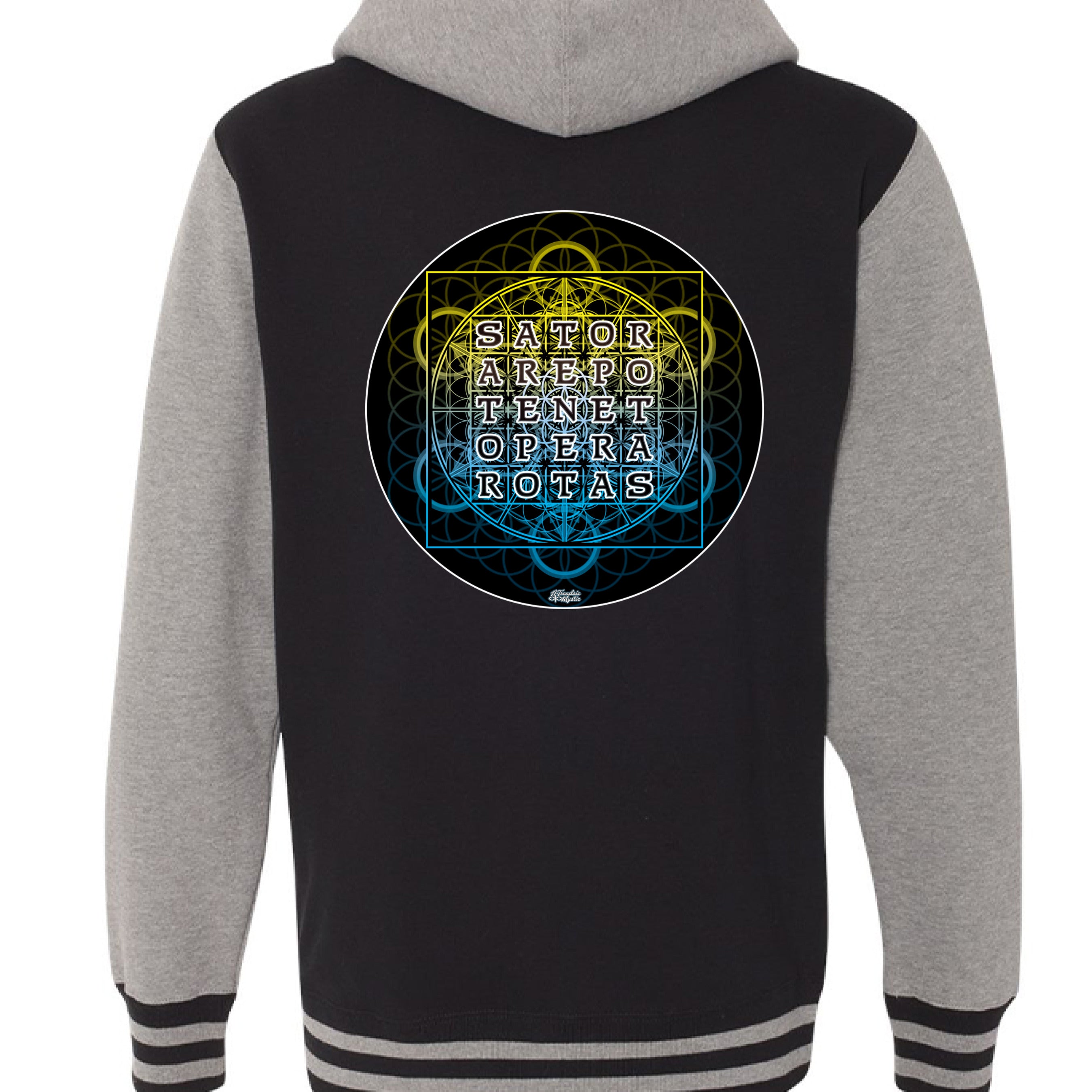 Black and gray varsity zip hoodie featuring SATOR Square sacred geometry design on the back and NTrendSic Mystic sigil on the front - Black/ Gunmetal Heather - BACK