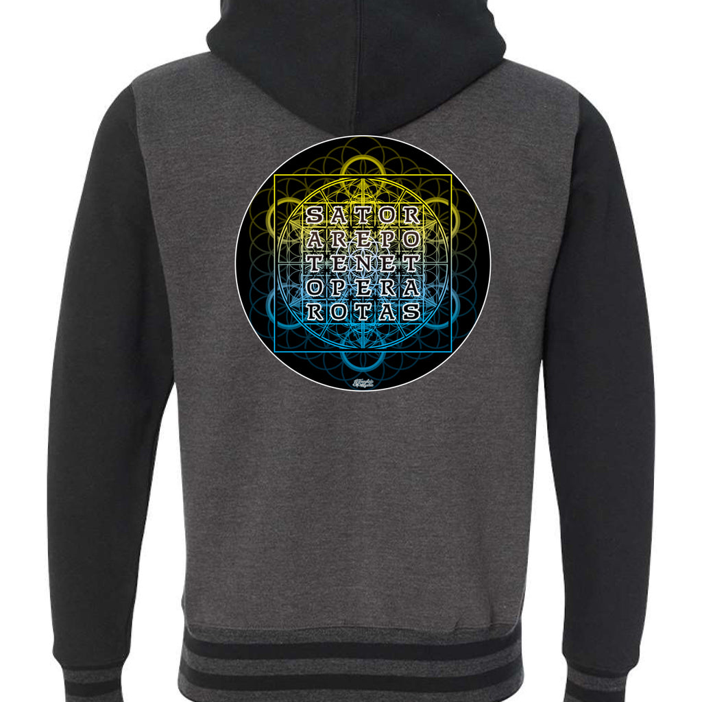 Black and gray varsity zip hoodie featuring SATOR Square sacred geometry design on the back and NTrendSic Mystic sigil on the front - Charcoal Heather/ Black - BACK