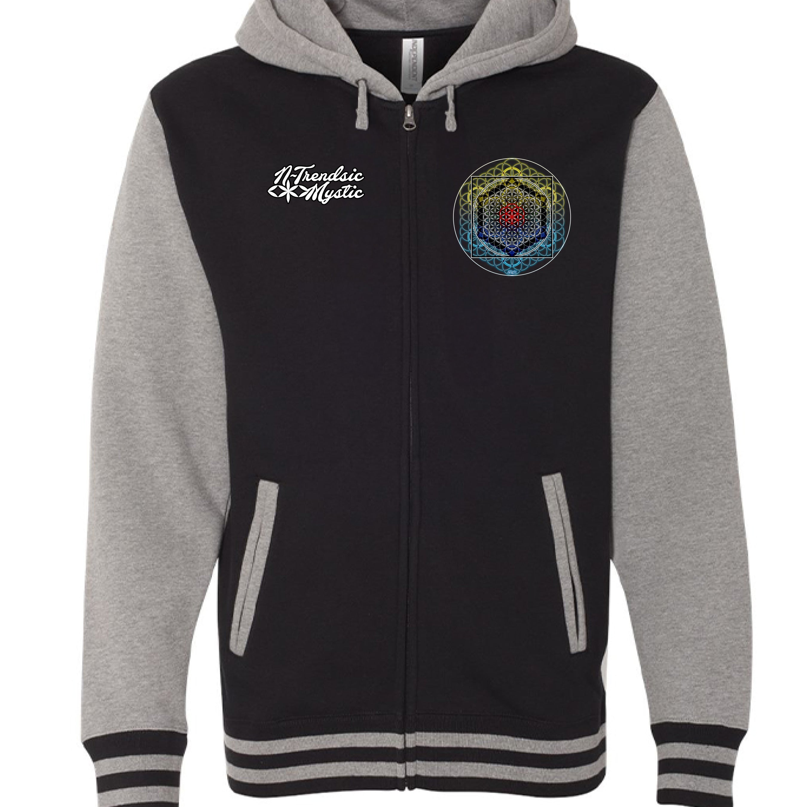 Black and gray varsity zip hoodie featuring SATOR Square sacred geometry design on the back and NTrendSic Mystic sigil on the front - Black/ Gunmetal Heather - FRONT