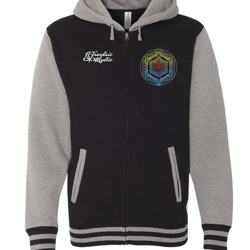 Black and gray varsity zip hoodie featuring SATOR Square sacred geometry design on the back and NTrendSic Mystic sigil on the front - Black/ Gunmetal Heather - FRONT