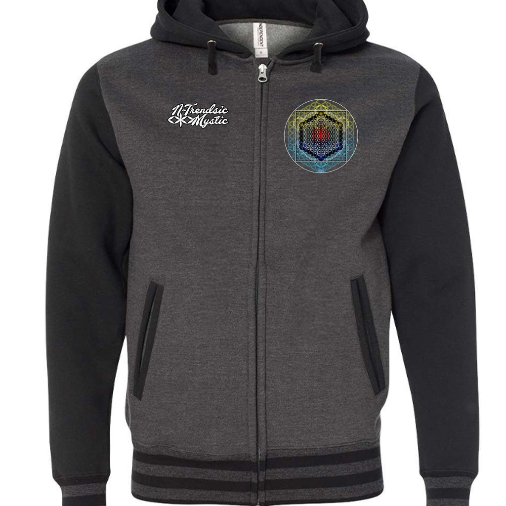 Black and gray varsity zip hoodie featuring SATOR Square sacred geometry design on the back and NTrendSic Mystic sigil on the front - Charcoal Heather/ Black - FRONT