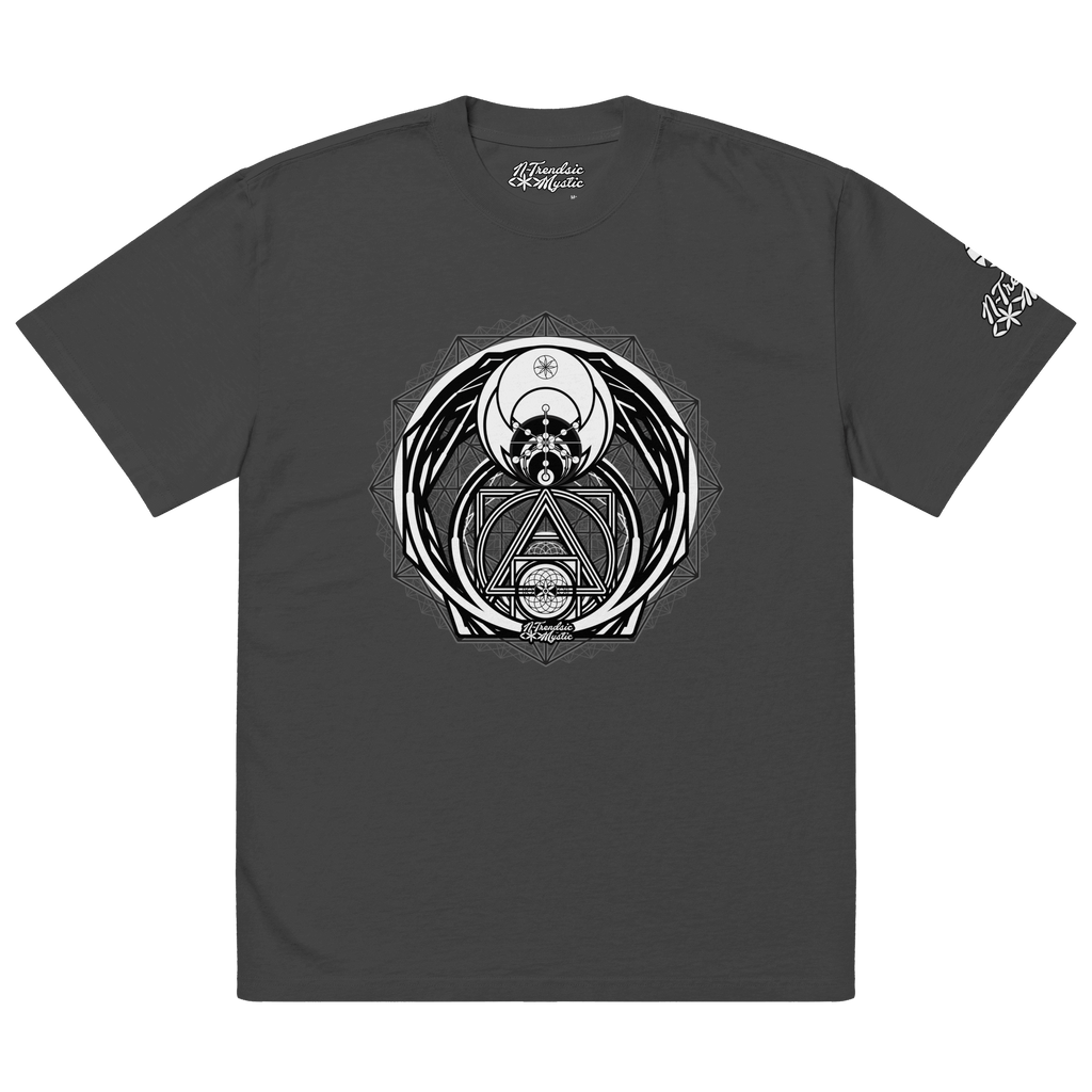Magus Medallion oversized faded t-shirt — lunar cycles, sacred geometry, and alchemical design on a vintage-wash oversized streetwear shirt