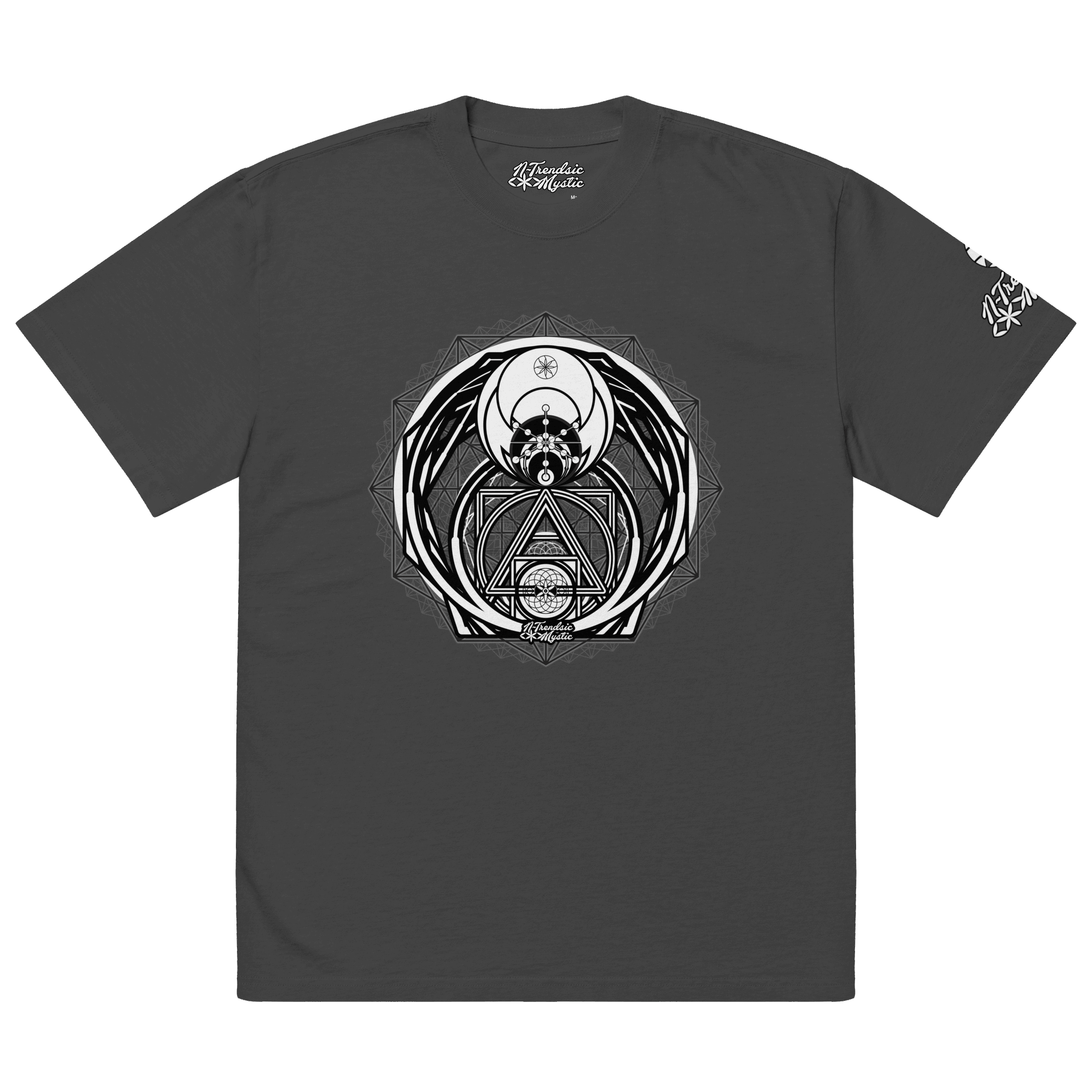 Magus Medallion oversized faded t-shirt — lunar cycles, sacred geometry, and alchemical design on a vintage-wash oversized streetwear shirt