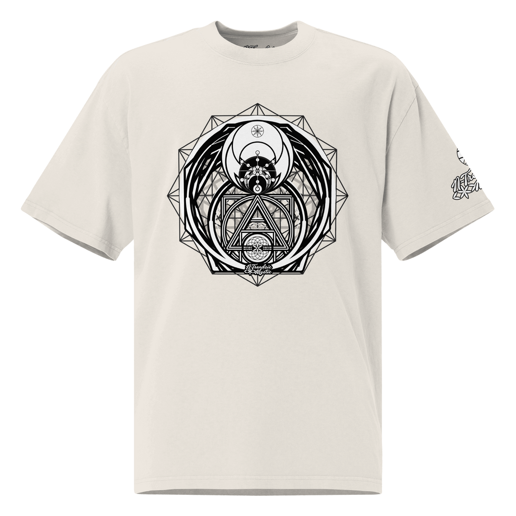Magus Medallion oversized faded t-shirt — lunar cycles, sacred geometry, and alchemical design on a vintage-wash oversized streetwear shirt