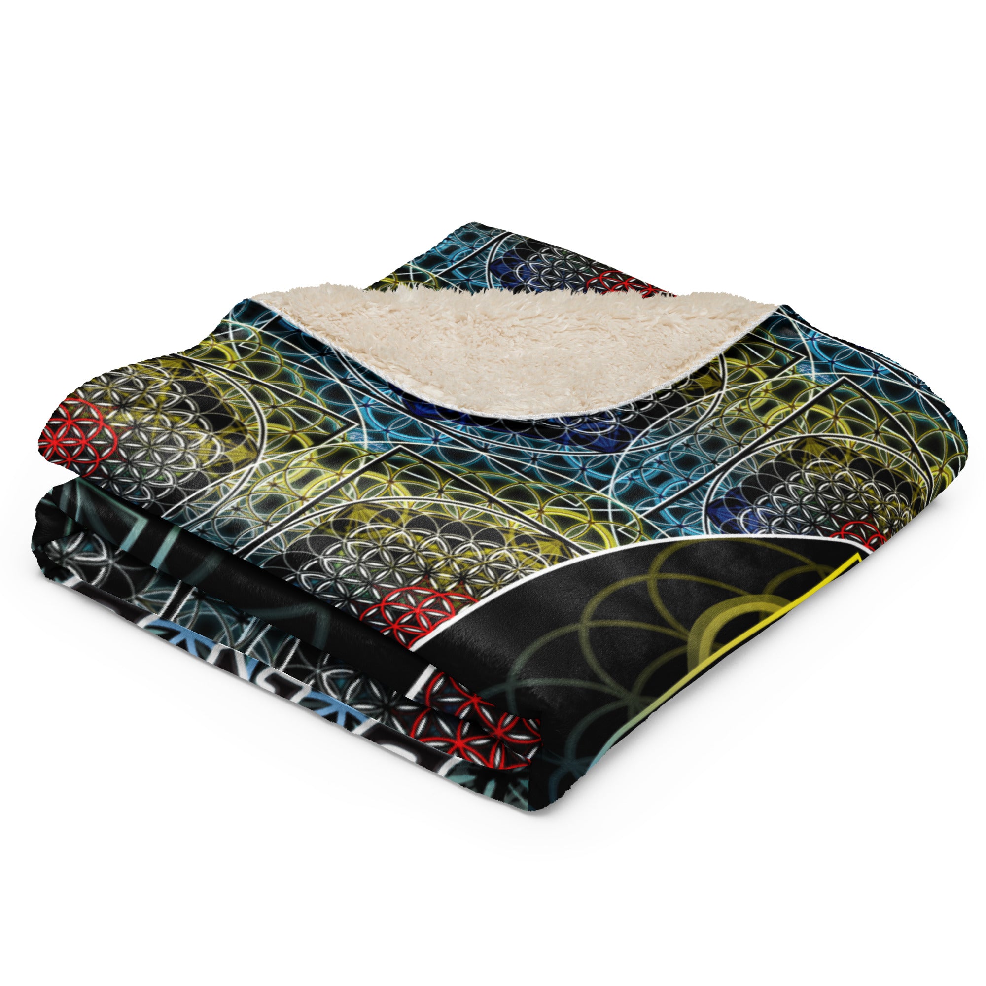 Folded sherpa blanket with plush fleece backing and vibrant SATOR Square geometric print.