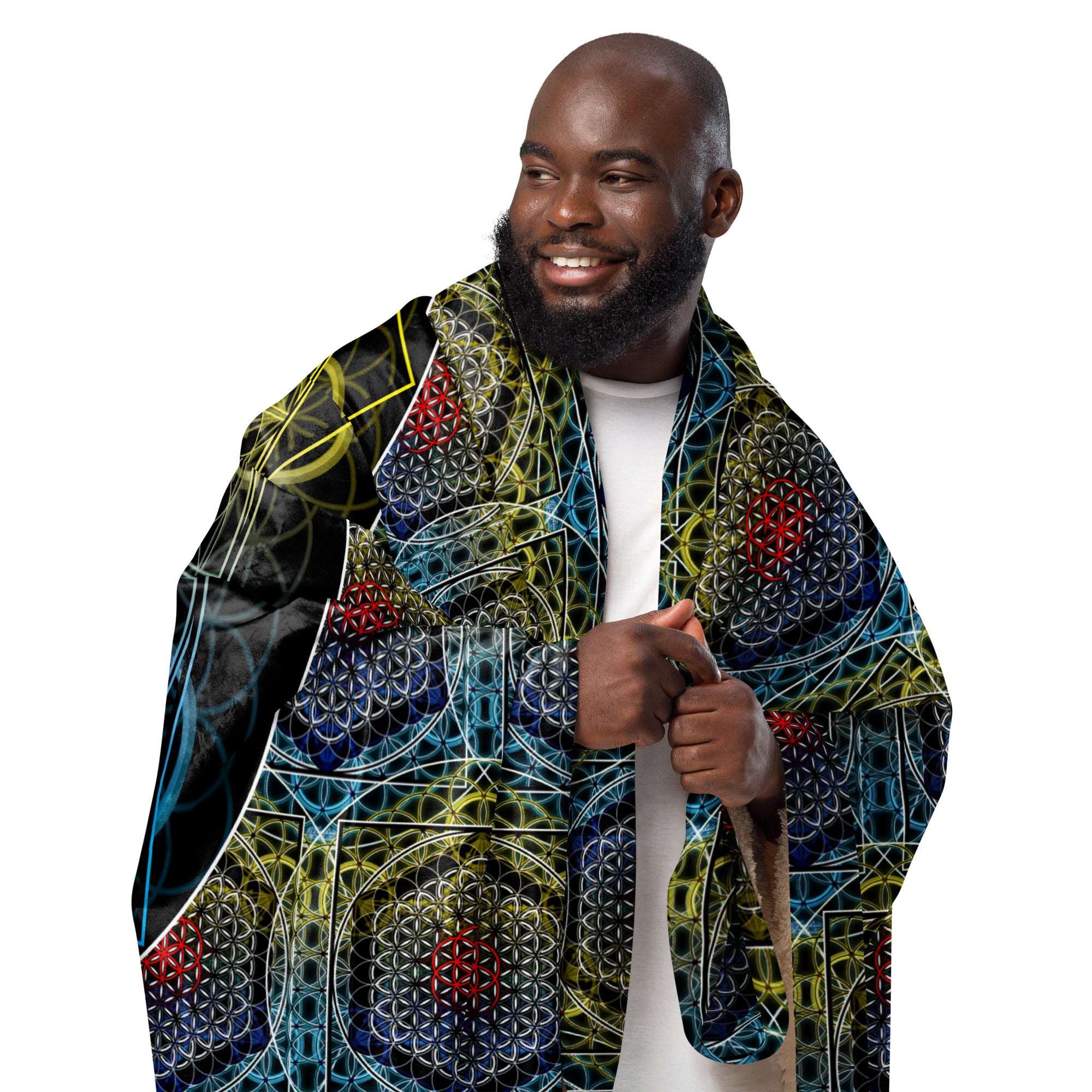 Full-size sherpa blanket worn upright, featuring the SATOR Square and colorful sacred geometry design.