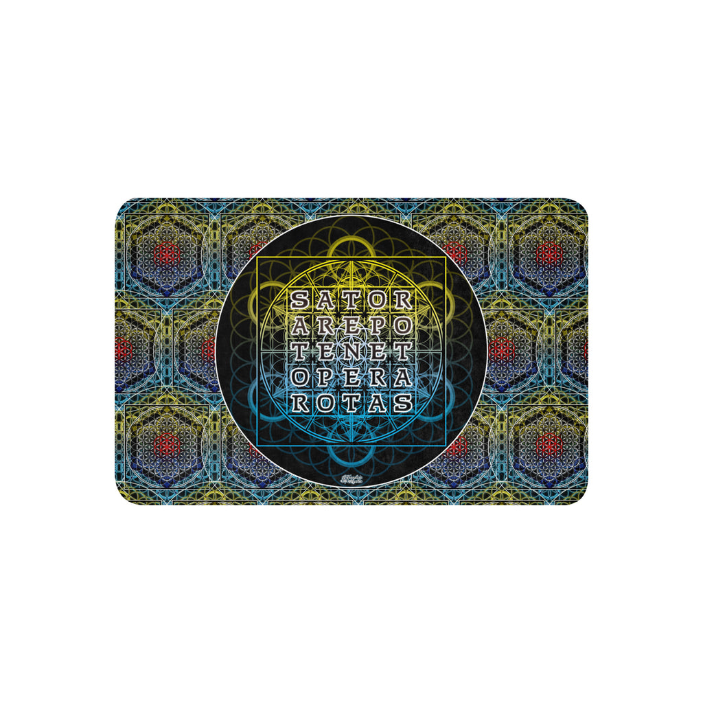 SATOR Square sherpa blanket shown flat, highlighting the central palindrome and layered geometric artwork.