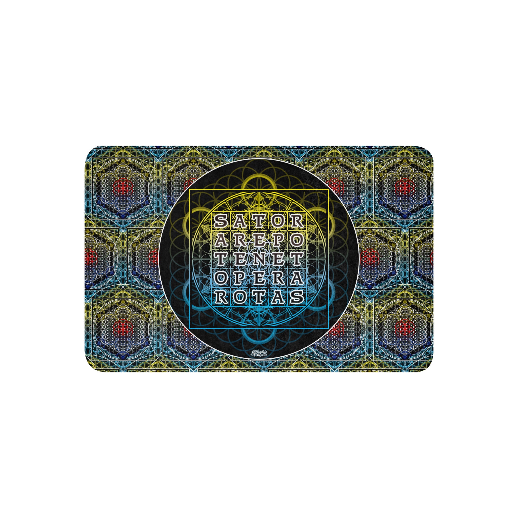SATOR Square sherpa blanket shown flat, highlighting the central palindrome and layered geometric artwork.