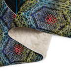 Close-up of folded sherpa blanket showing soft fleece underside and detailed geometric print.
