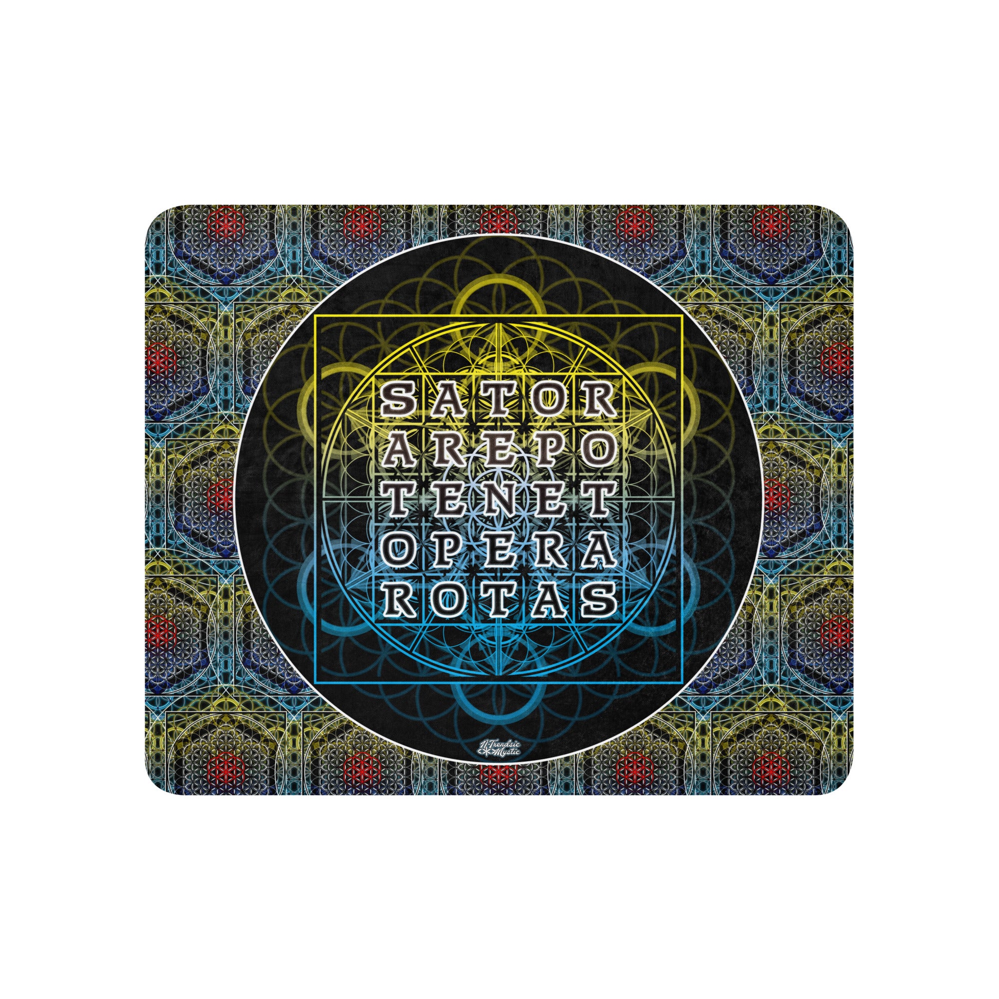 SATOR Square sherpa blanket shown flat, highlighting the central palindrome and layered geometric artwork.
